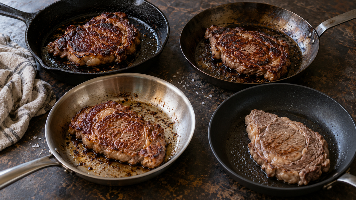Four pans side by side, cast iron, carbon steel, clad stainless and nonstick, each holding a seared ribeye, with the nonstick steak visibly paler