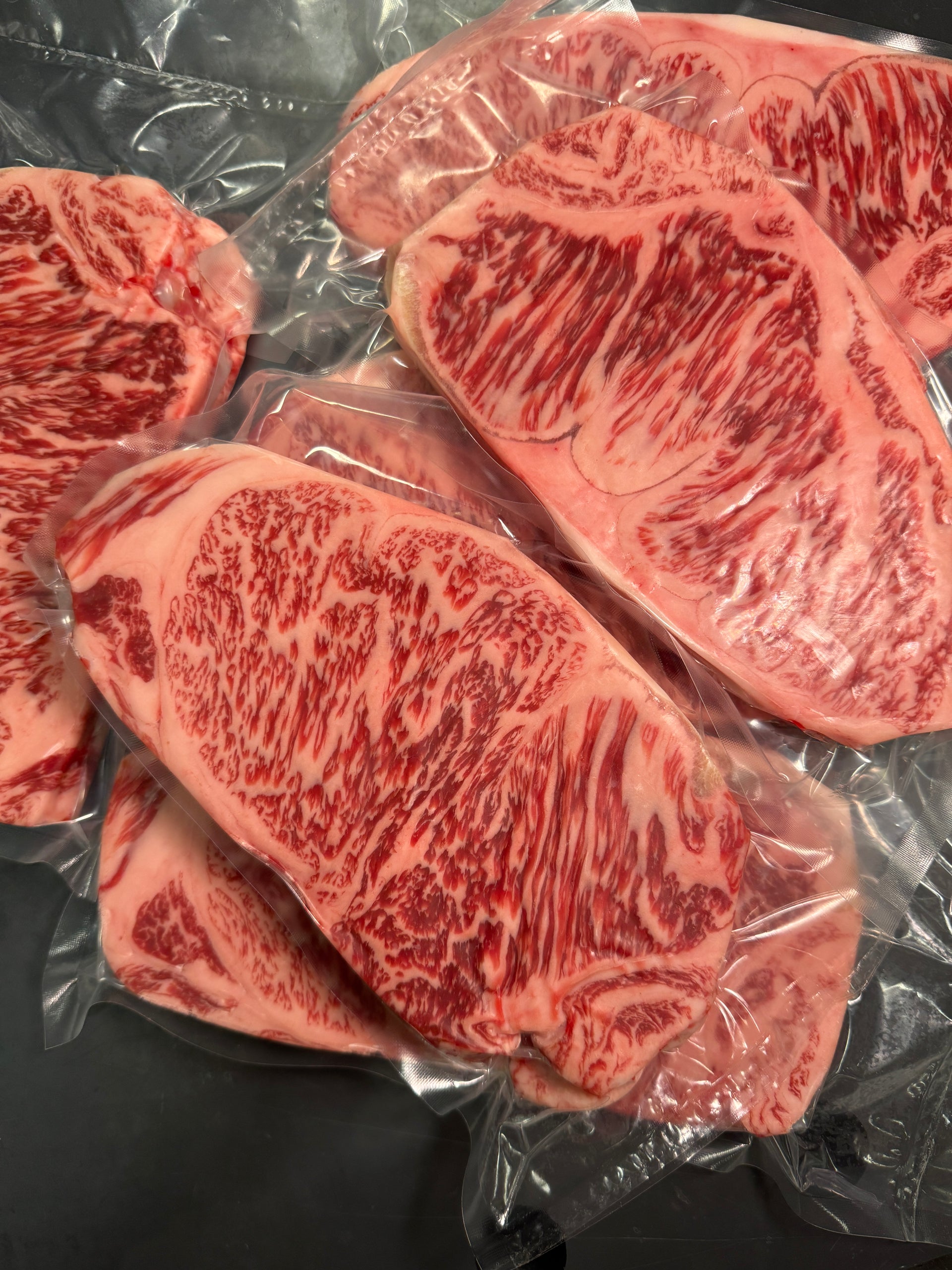 A3 Hiramatsu Mother Beef NY Strip — BMS 3-5 Japanese A3 Wagyu — marbling detail