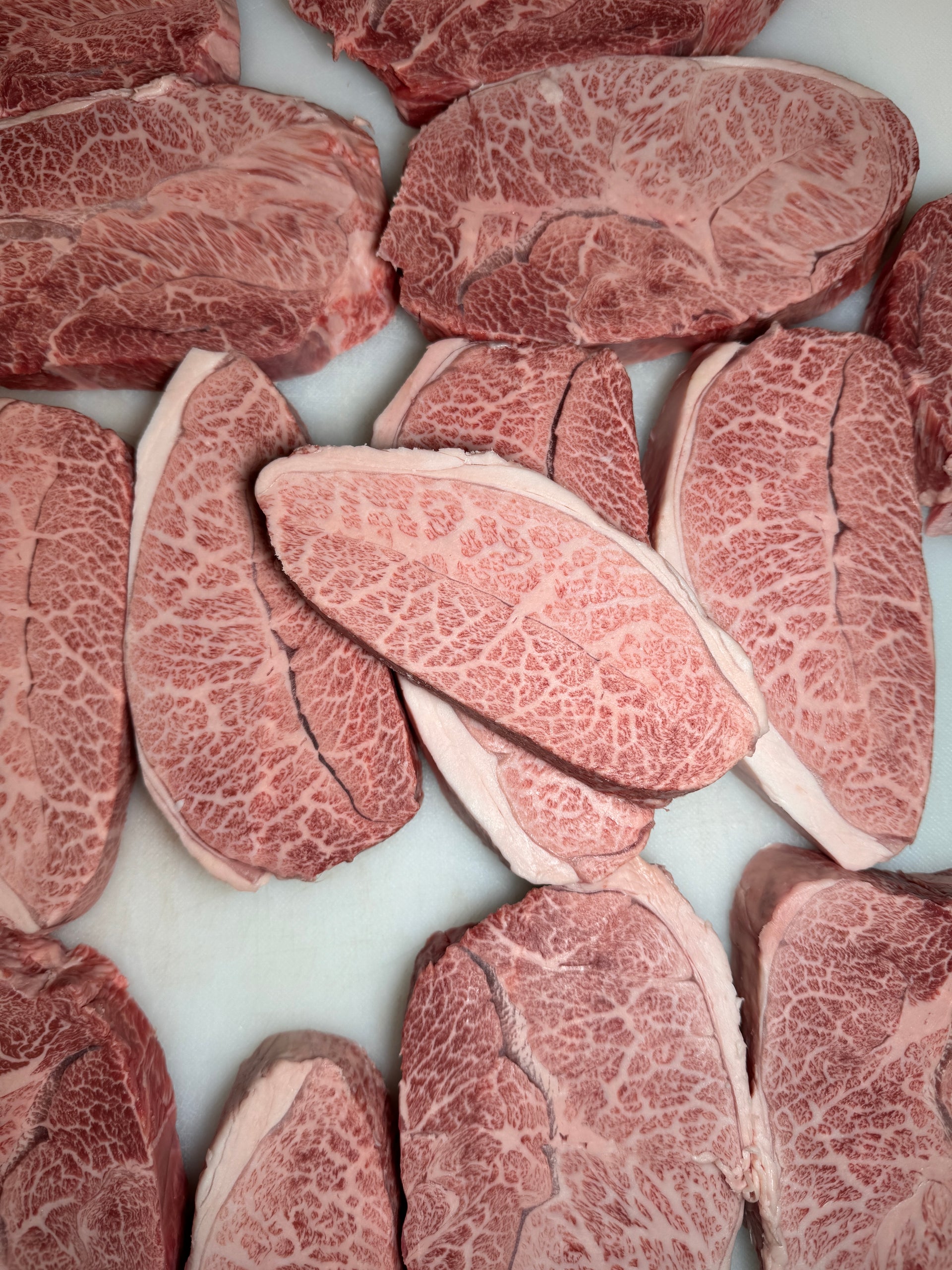 A5 Wagyu Misuji Flat Iron showing the signature line of connective tissue — Bushu Samurai Beef from Hasegawa Farms
