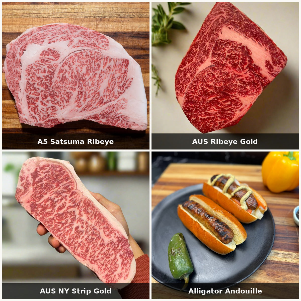 The A5 Experience bundle — A5 Satsuma Ribeye, AUS Ribeye Gold, AUS NY Strip Gold, Alligator Andouille | Ligma Provisions