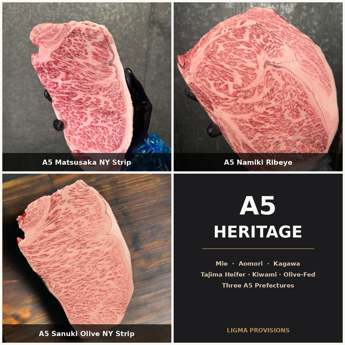 A5 Heritage Trio bundle — A5 Matsusaka NY Strip, A5 Namiki Ribeye, A5 Sanuki Olive-Fed NY Strip | Ligma Provisions