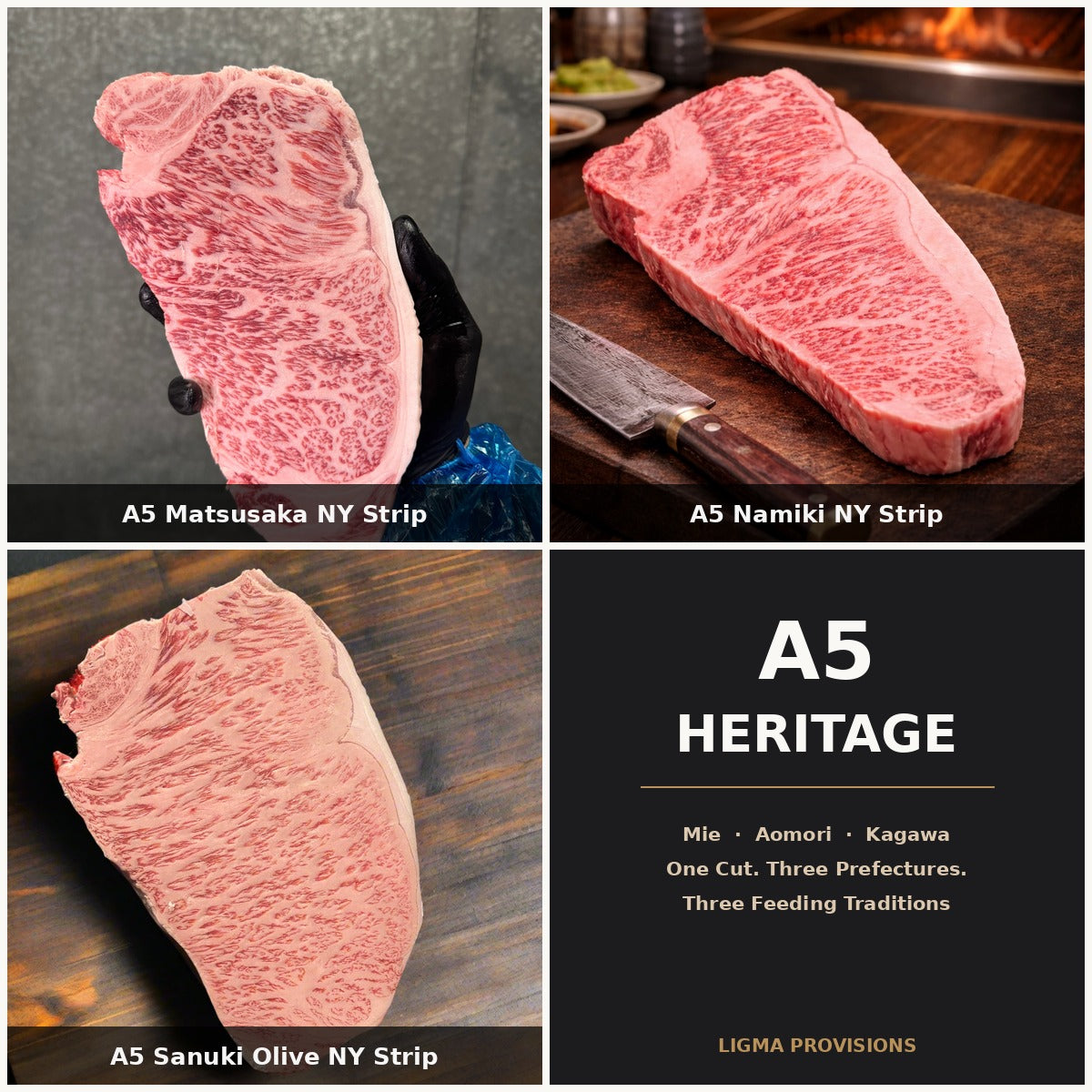 A5 Heritage Trio bundle — A5 Matsusaka NY Strip, A5 Namiki NY Strip, A5 Sanuki Olive-Fed NY Strip | Ligma Provisions