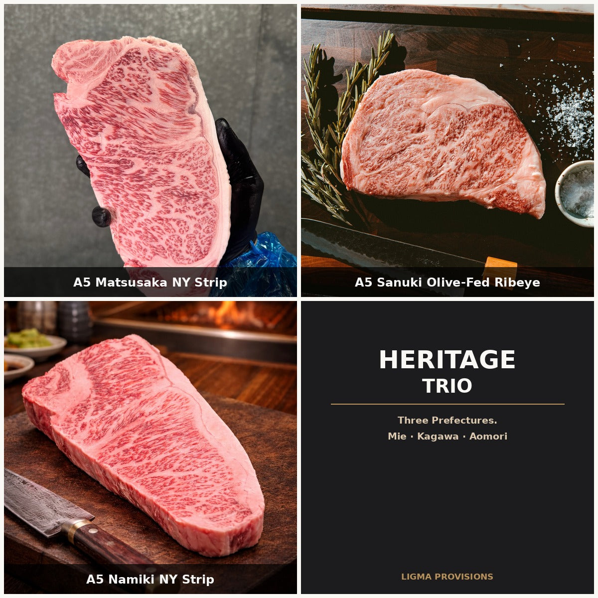 A5 Heritage Trio bundle — A5 Matsusaka NY Strip, A5 Sanuki Olive-Fed Ribeye, A5 Namiki NY Strip | Ligma Provisions