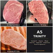 A5 Trinity bundle — A5 Takamori Sake-Fed Ribeye, A5 Shinshu NY Strip, A5 Sendai NY Strip | Ligma Provisions