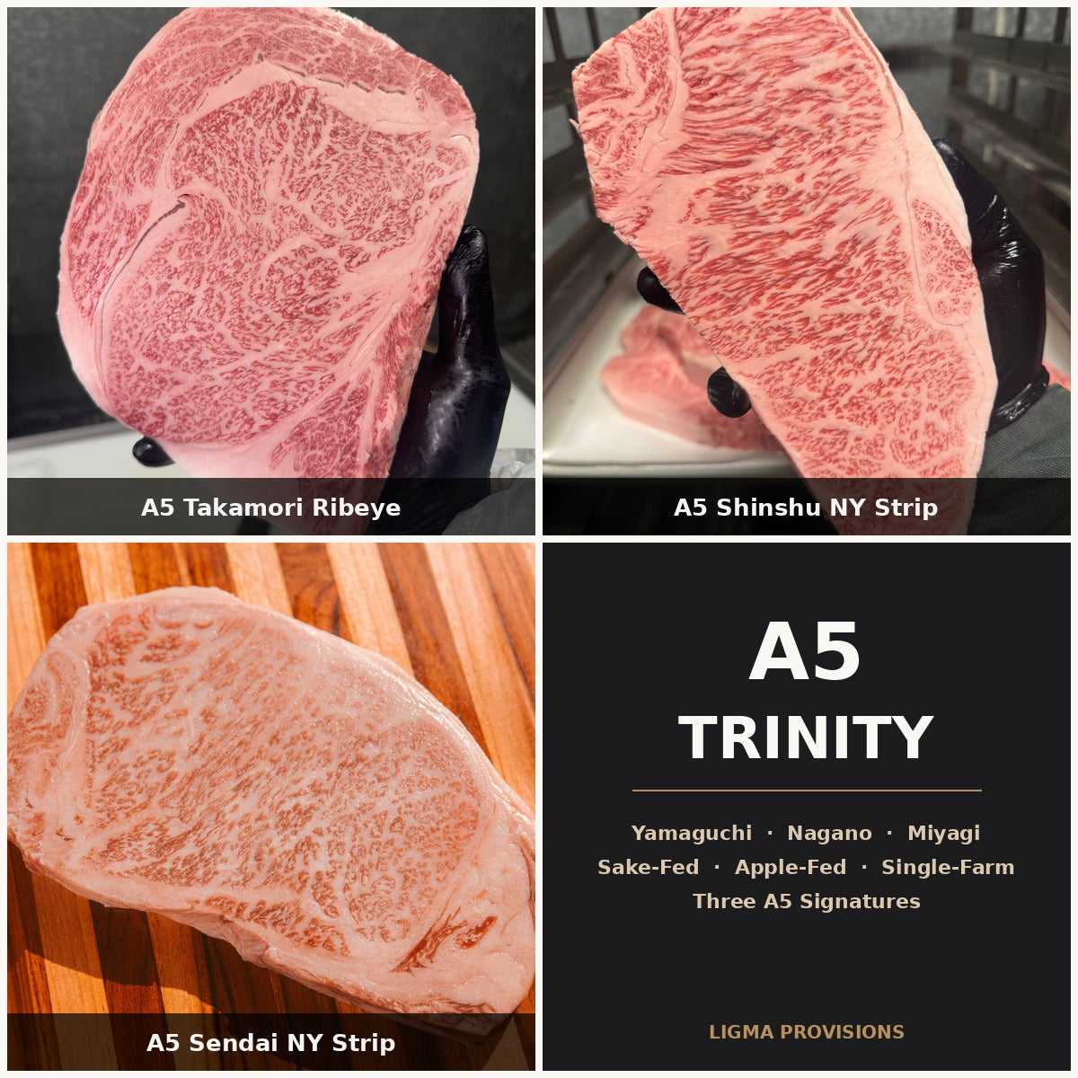 A5 Trinity bundle — A5 Takamori Sake-Fed Ribeye, A5 Shinshu NY Strip, A5 Sendai NY Strip | Ligma Provisions