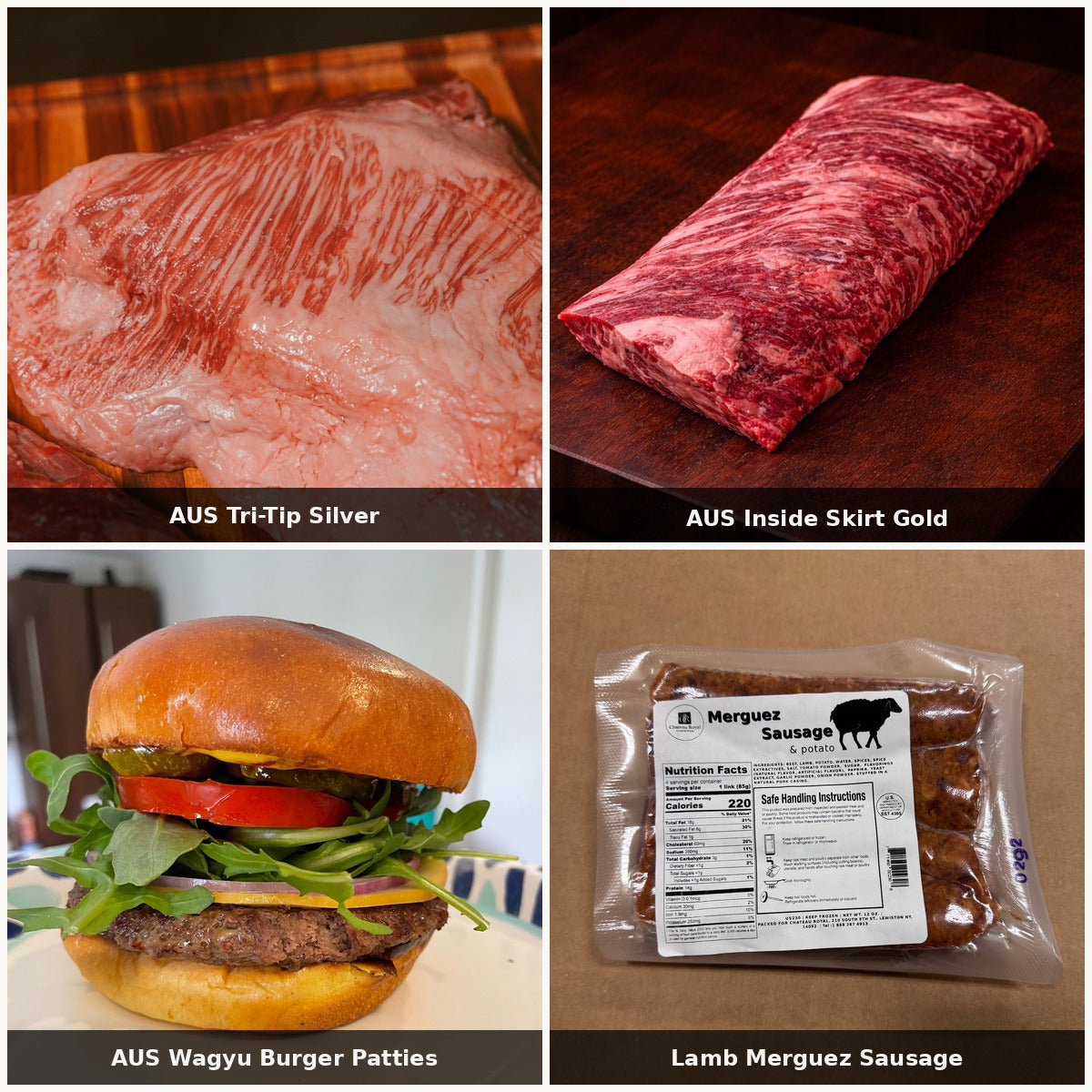 The Backyard Boogie bundle — AUS Tri-Tip Silver, AUS Inside Skirt Gold, AUS Wagyu Burger Patties, Lamb Merguez Sausage | Ligma Provisions