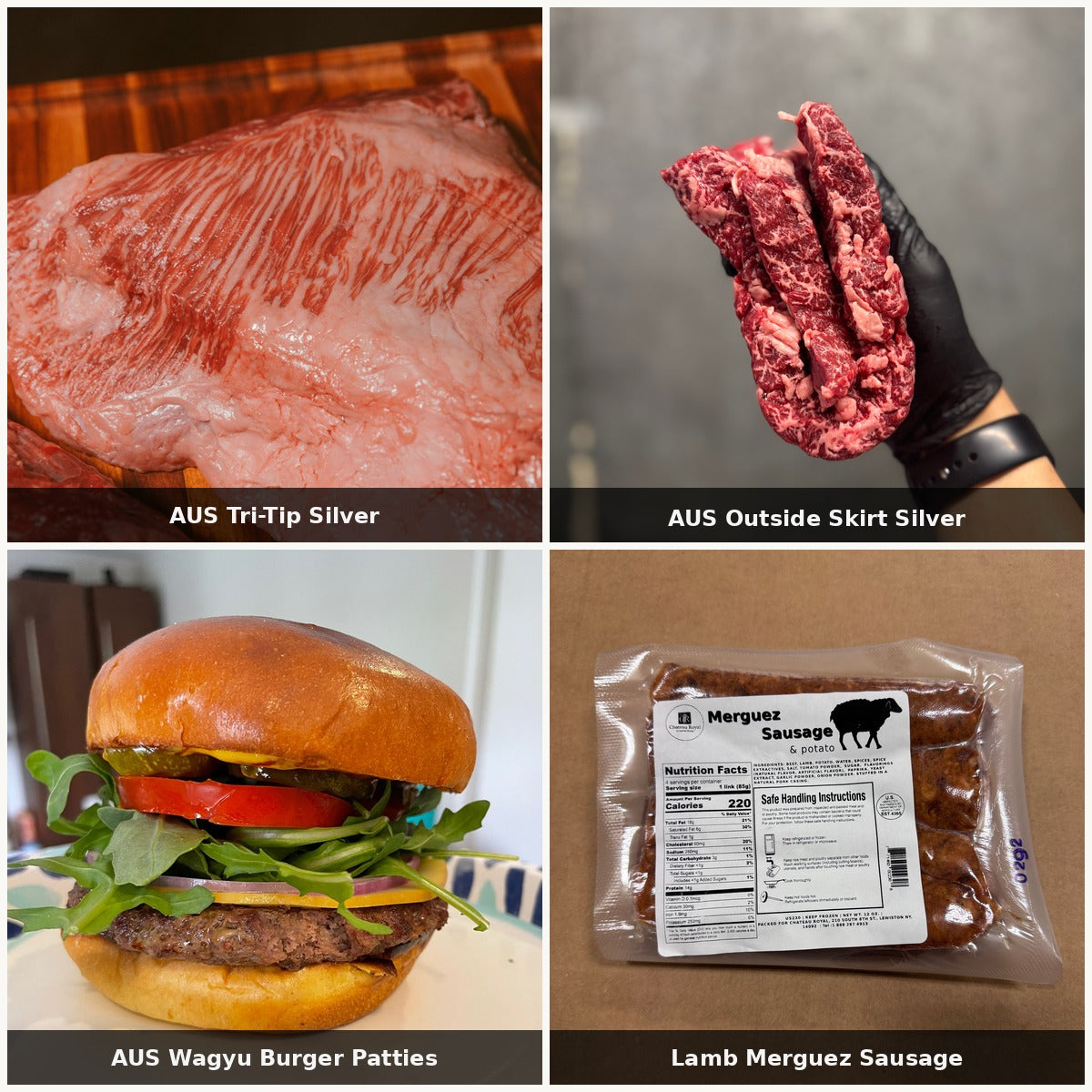 The Backyard Boogie bundle — AUS Tri-Tip Silver, AUS Outside Skirt Silver, AUS Wagyu Burger Patties, Lamb Merguez Sausage | Ligma Provisions