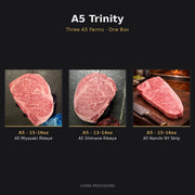 A5 Trinity — A5 Miyazaki Ribeye, A5 Shimane Ribeye, and A5 Namiki NY Strip