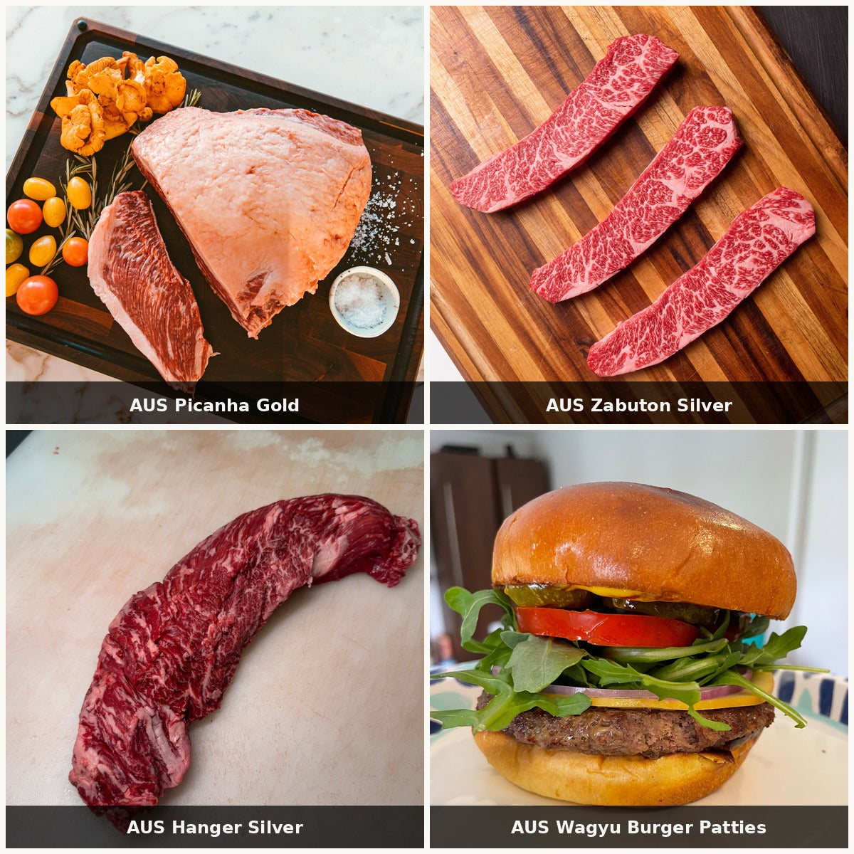 The Butcher's Cuts bundle — AUS Wagyu Picanha Gold, AUS Zabuton Silver, AUS Hanger Silver, AUS Wagyu Burger Patties | Ligma Provisions