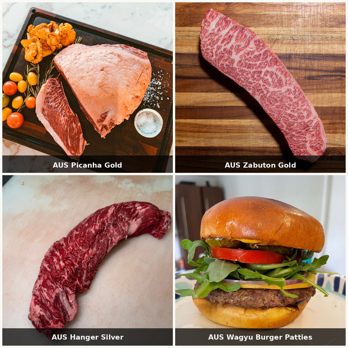 The Butcher's Cuts bundle — AUS Picanha Gold, AUS Zabuton Gold, AUS Hanger Silver, AUS Wagyu Burger Patties | Ligma Provisions