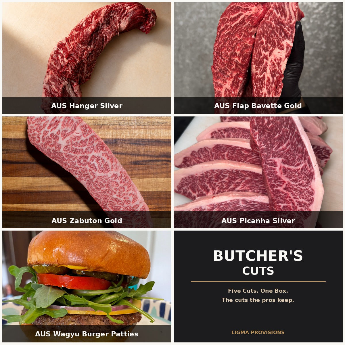 The Butcher's Cuts bundle — AUS Wagyu Hanger Silver, Flap Bavette Gold, Zabuton (Denver) Gold, Picanha Silver, Wagyu Burger Patties | Ligma Provisions