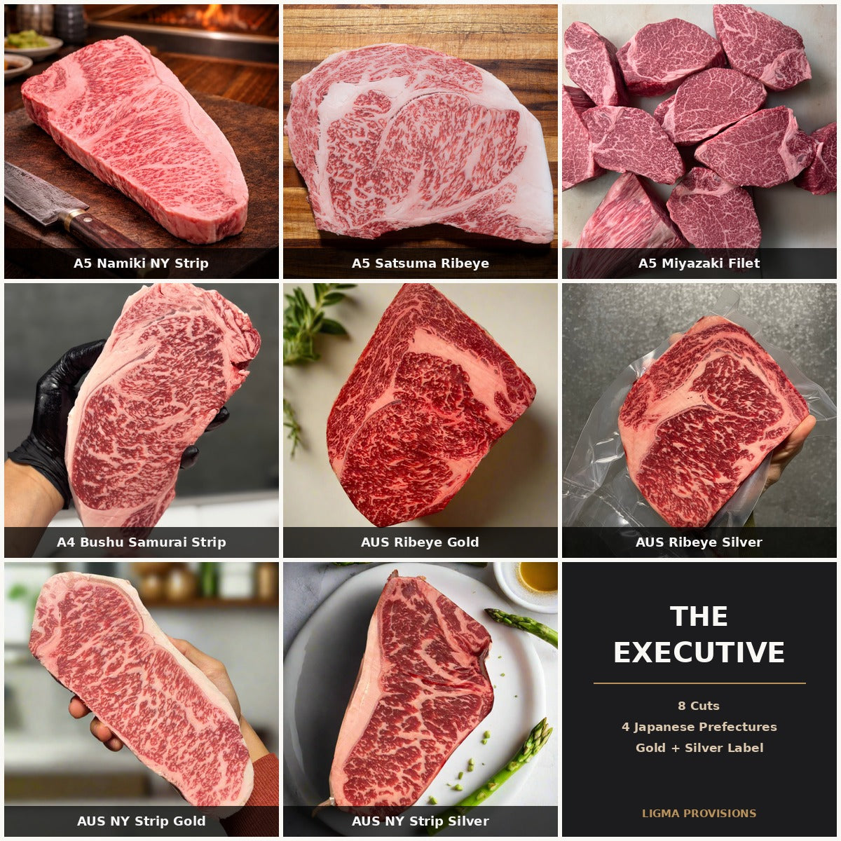 The Executive bundle — A5 Namiki NY Strip, A5 Satsuma Ribeye, A5 Miyazaki Filet, A4 Bushu Samurai NY Strip, AUS Ribeye Gold, AUS Ribeye Silver, AUS NY Strip Gold, AUS NY Strip Silver | Ligma Provisions