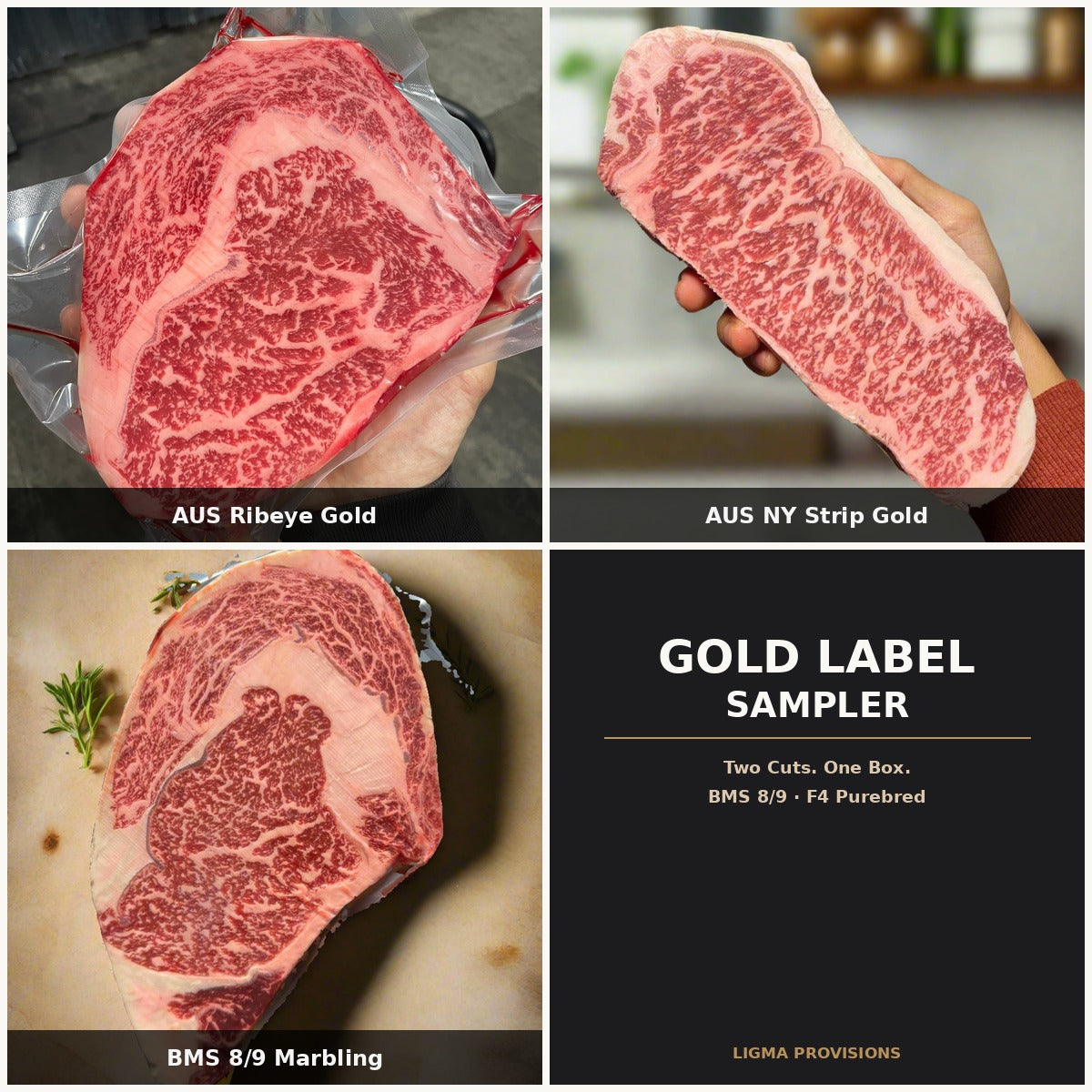 Gold Label Sampler bundle — Australian Wagyu Ribeye Gold and NY Strip Gold, BMS 8/9 F4 Purebred | Ligma Provisions