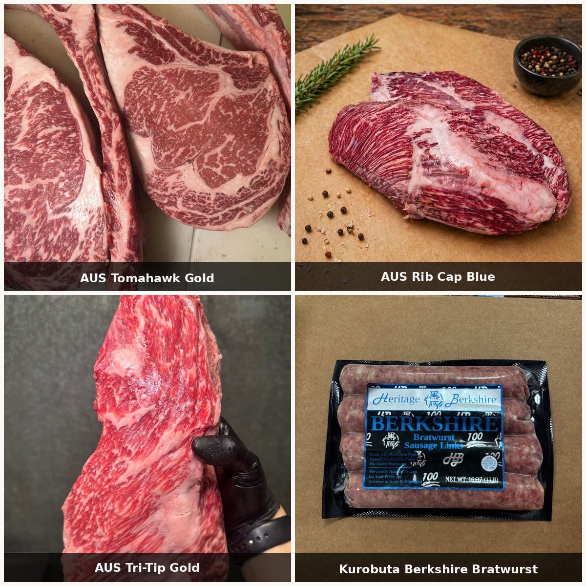 The Grill Master bundle — AUS Wagyu Tomahawk Gold, AUS Wagyu Rib Cap Blue, AUS Wagyu Tri-Tip Gold, Kurobuta Berkshire Bratwurst | Ligma Provisions