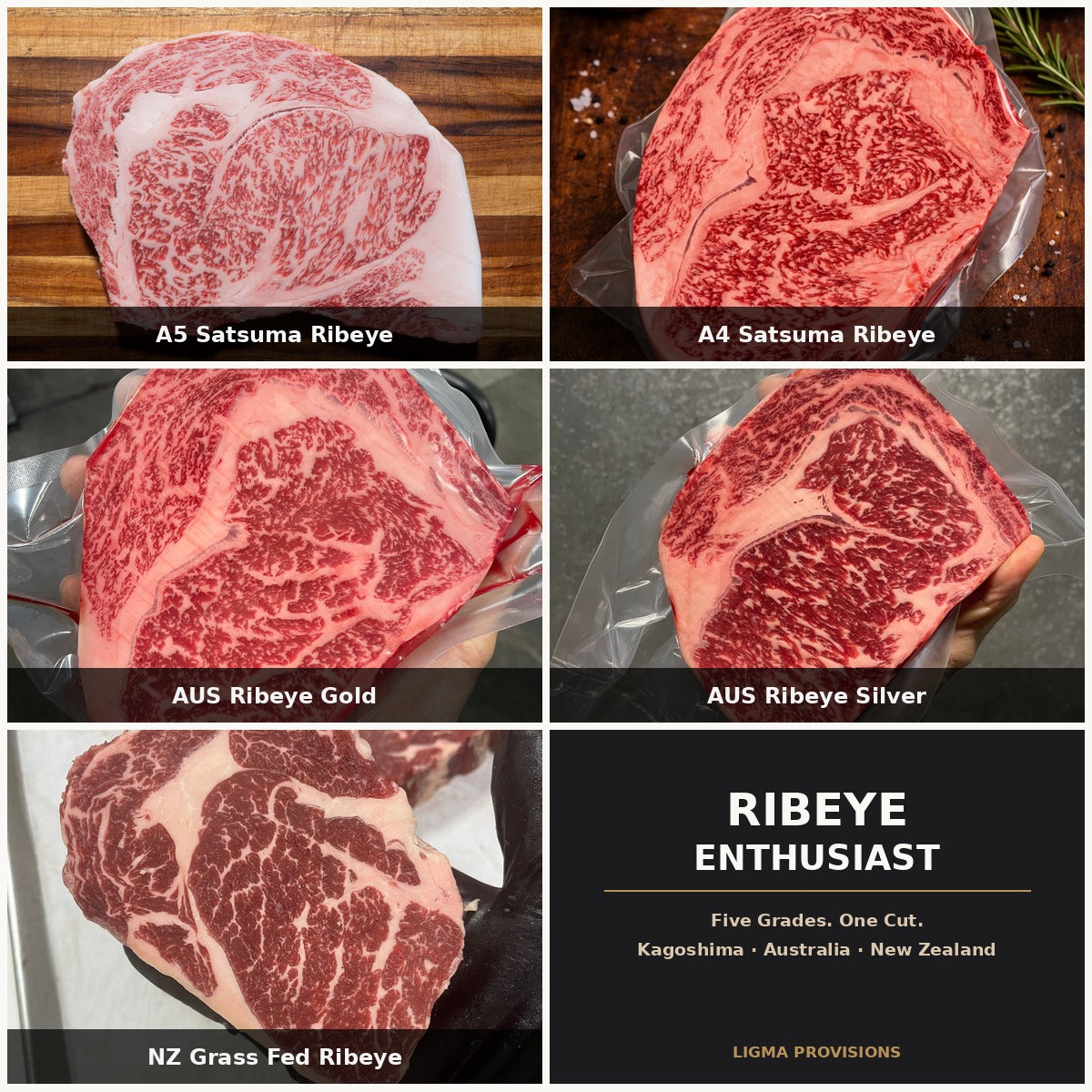 Ribeye Enthusiast bundle — A5 Satsuma Ribeye, A4 Satsuma Ribeye, AUS Wagyu Ribeye Gold, AUS Wagyu Ribeye Silver, NZ Grass Fed Ribeye | Ligma Provisions