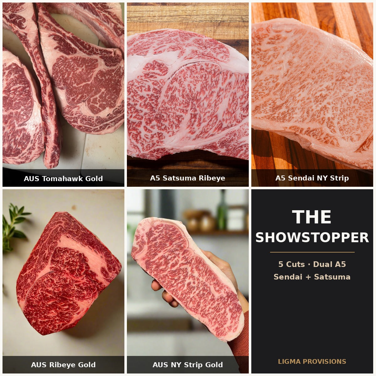 The Showstopper bundle — AUS Tomahawk Gold, A5 Satsuma Ribeye, A5 Sendai NY Strip from Kawaguchi Farm, AUS Ribeye Gold, AUS NY Strip Gold | Ligma Provisions