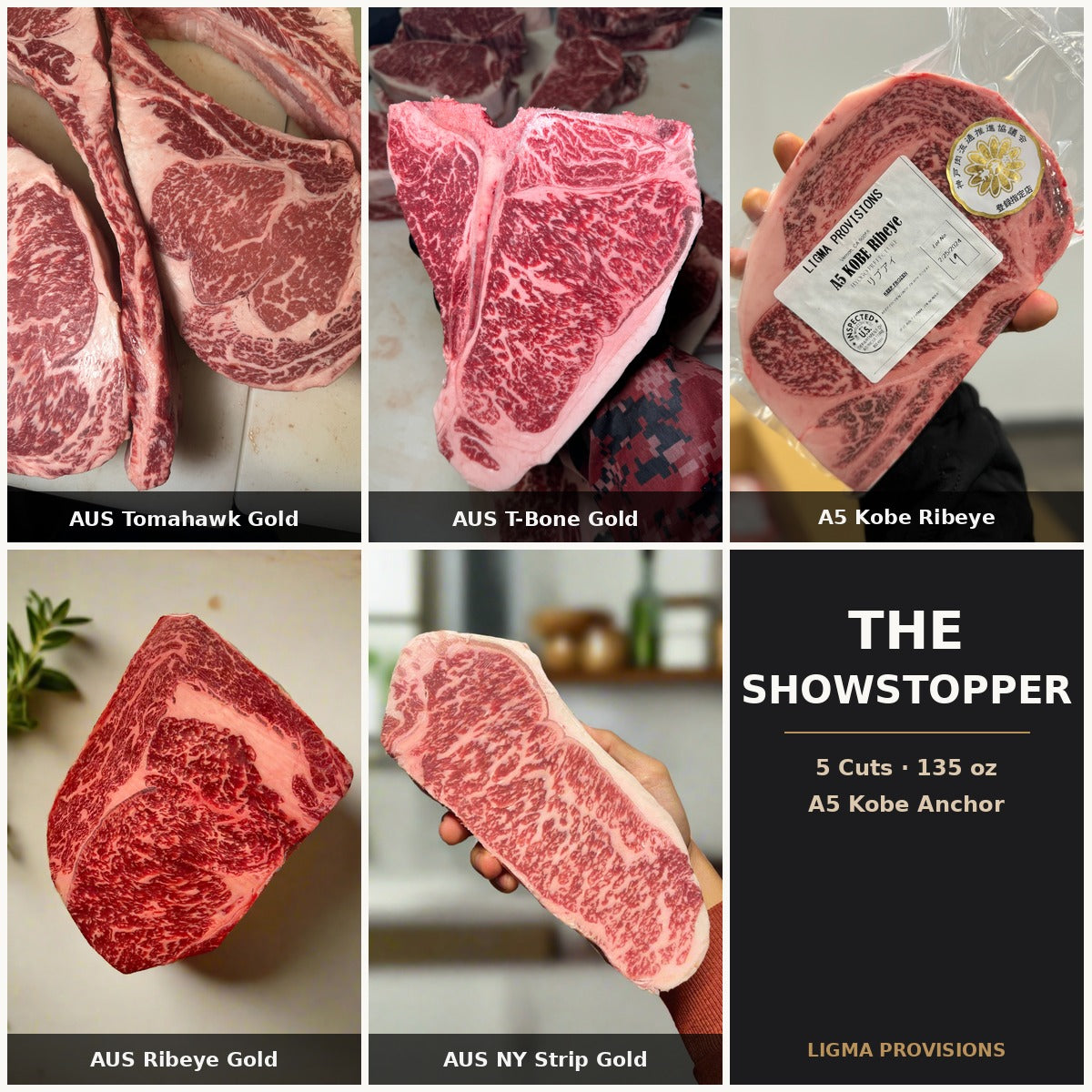 Father's Day Showstopper bundle — Tomahawk Gold, T-Bone Gold, A5 Kobe Ribeye, AUS Ribeye Gold, AUS NY Strip Gold | Ligma Provisions