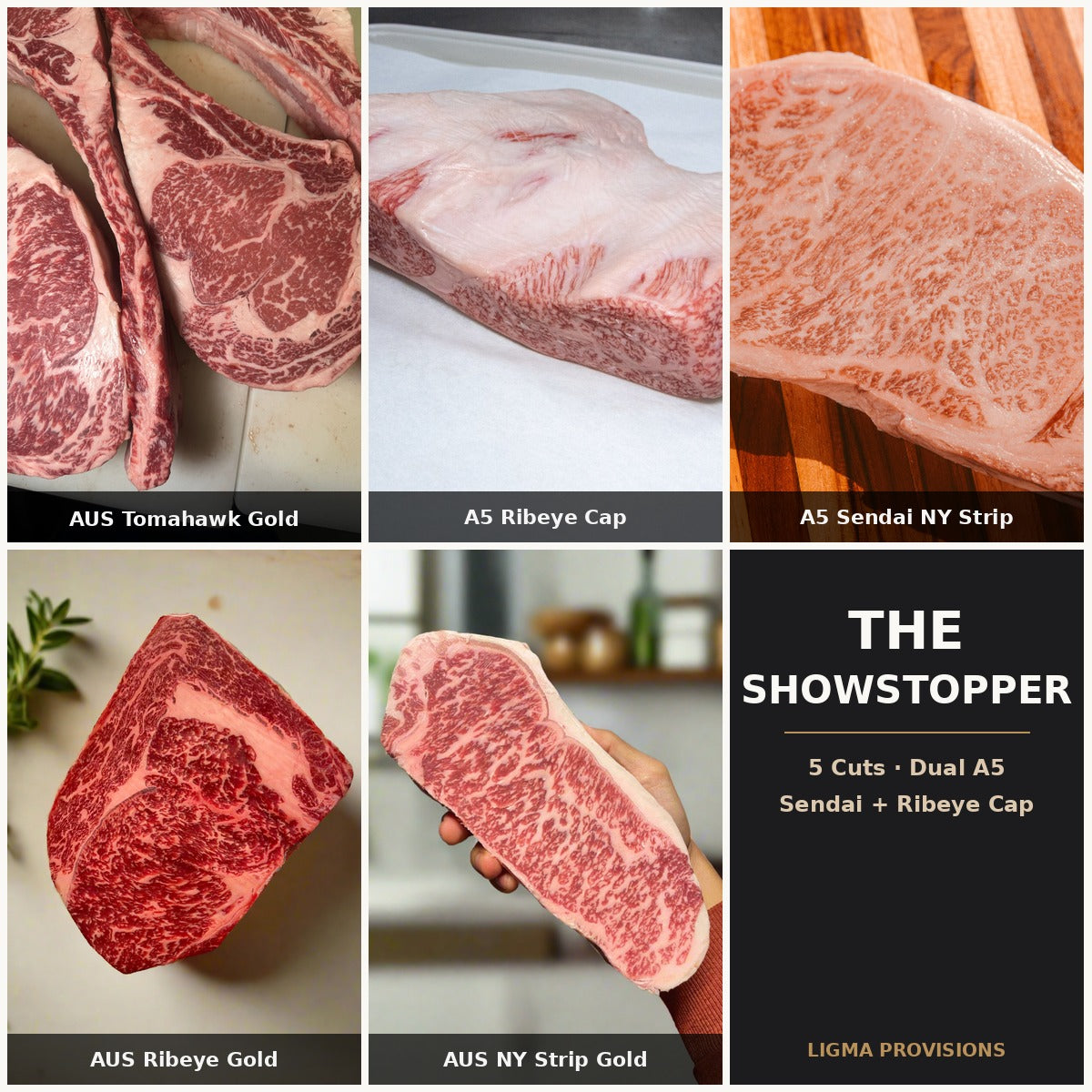 The Showstopper bundle — AUS Tomahawk Gold, A5 Ribeye Cap Lifter, A5 Sendai NY Strip from Kawaguchi Farm, AUS Ribeye Gold, AUS NY Strip Gold | Ligma Provisions