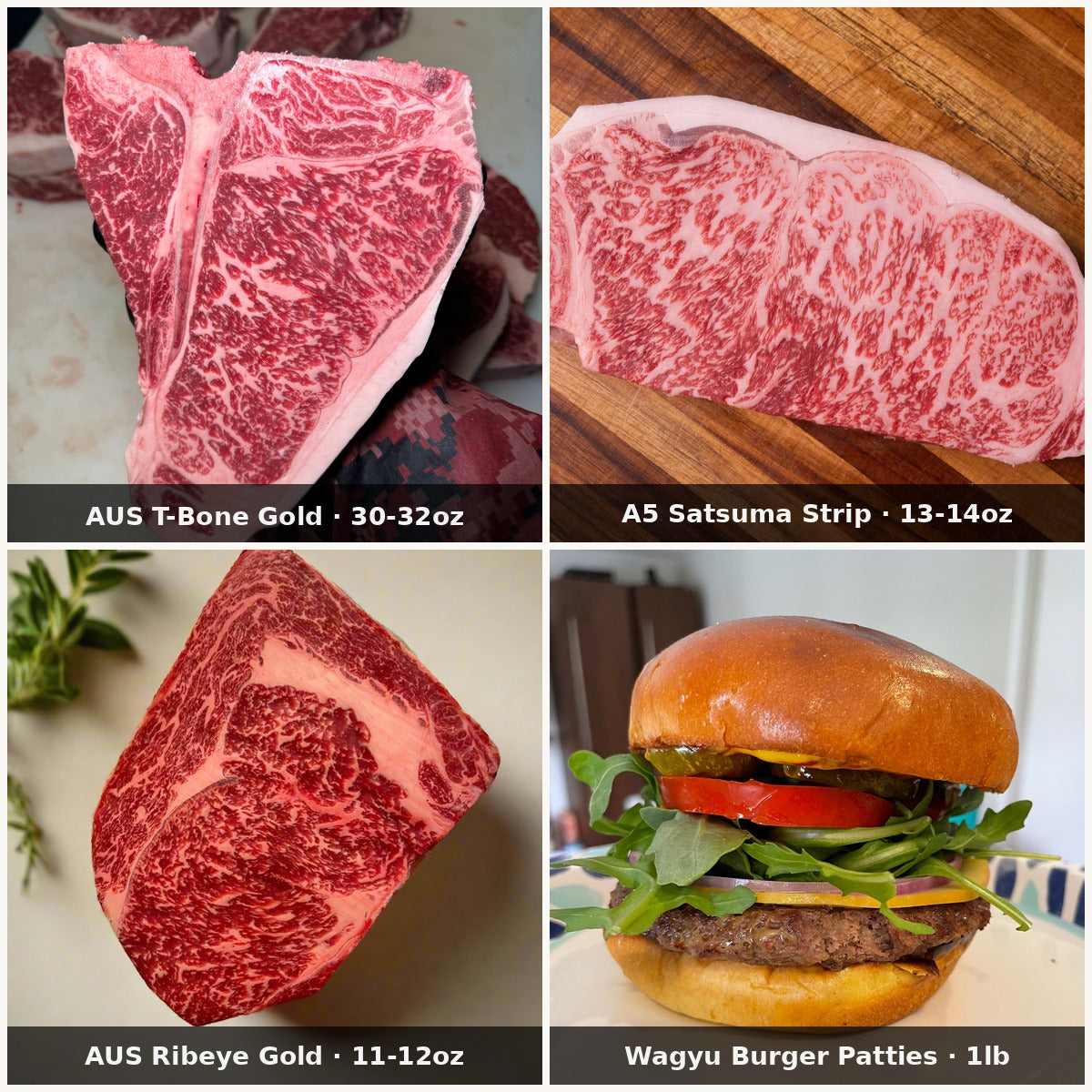 Steakhouse Reserve bundle — AUS T-Bone Gold 30-32oz, A5 Satsuma NY Strip 13-14oz, AUS Ribeye Gold, Wagyu Burger Patties | Ligma Provisions