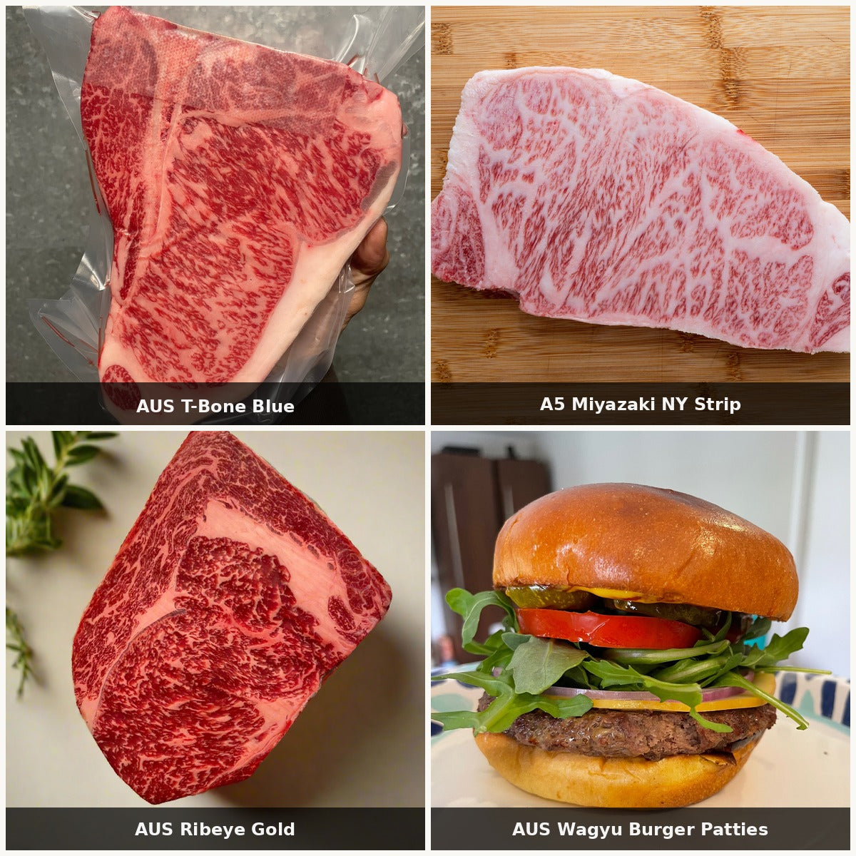 The Steakhouse Reserve bundle — AUS Wagyu T-Bone Blue (BMS 9+), A5 Miyazaki NY Strip, AUS Ribeye Gold, Wagyu Burger Patties | Ligma Provisions