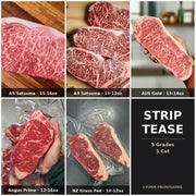 Strip Tease bundle — A5 Satsuma (15-16oz), A4 Satsuma, AUS Wagyu Gold, Black Angus Prime, NZ Grass Fed NY Strips | Ligma Provisions
