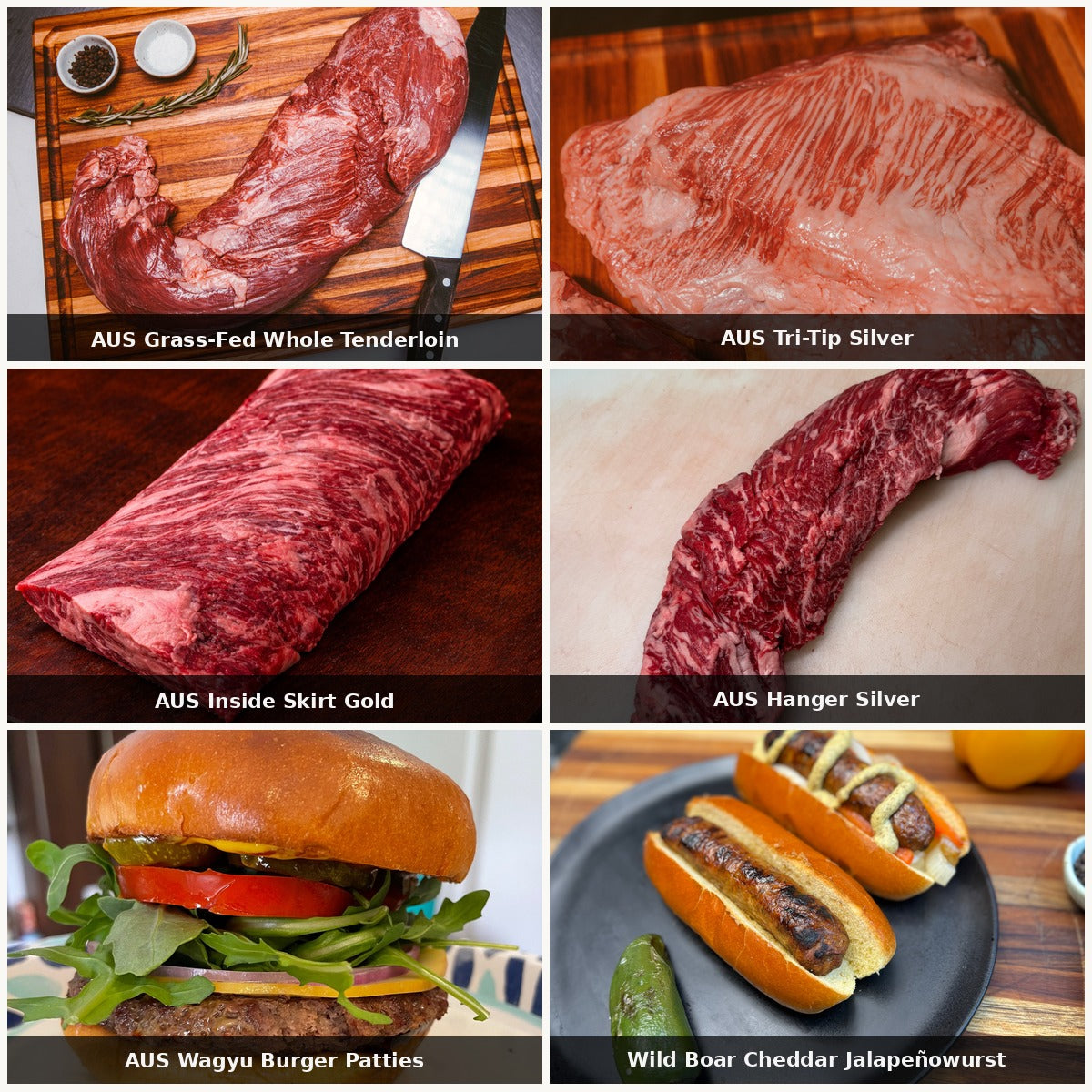 The Summer Grill Special bundle — AUS Grass-Fed Whole Tenderloin, Tri-Tip Silver, Inside Skirt Gold, Hanger Silver, Wagyu Burger Patties, Wild Boar Cheddar Jalapeñowurst | Ligma Provisions