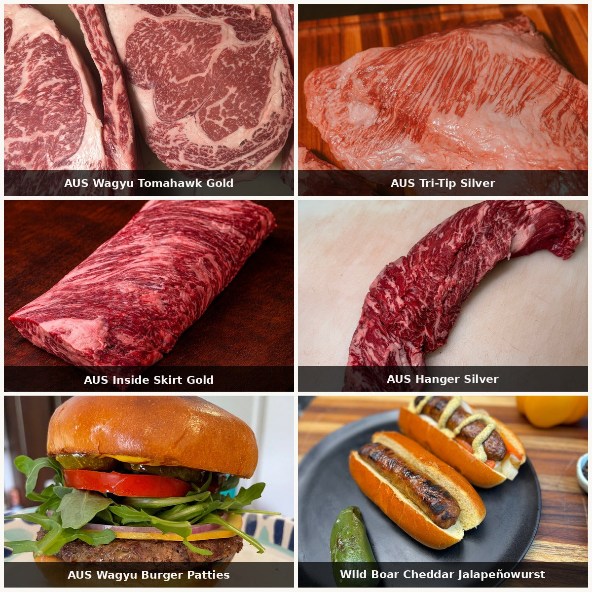 The Summer Grill Special bundle — AUS Wagyu Tomahawk Gold, Tri-Tip Silver, Inside Skirt Gold, Hanger Silver, Wagyu Burger Patties, Wild Boar Cheddar Jalapeñowurst | Ligma Provisions