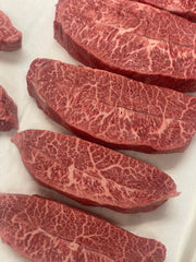 Australian Wagyu Misuji Gold (Flat Iron) — BMS 8/9 Australian Wagyu Gold Label, Halal certified — close-up texture