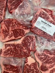 Australian Wagyu NY Strip Green — BMS 7/8 Australian Wagyu Green Label — marbling detail