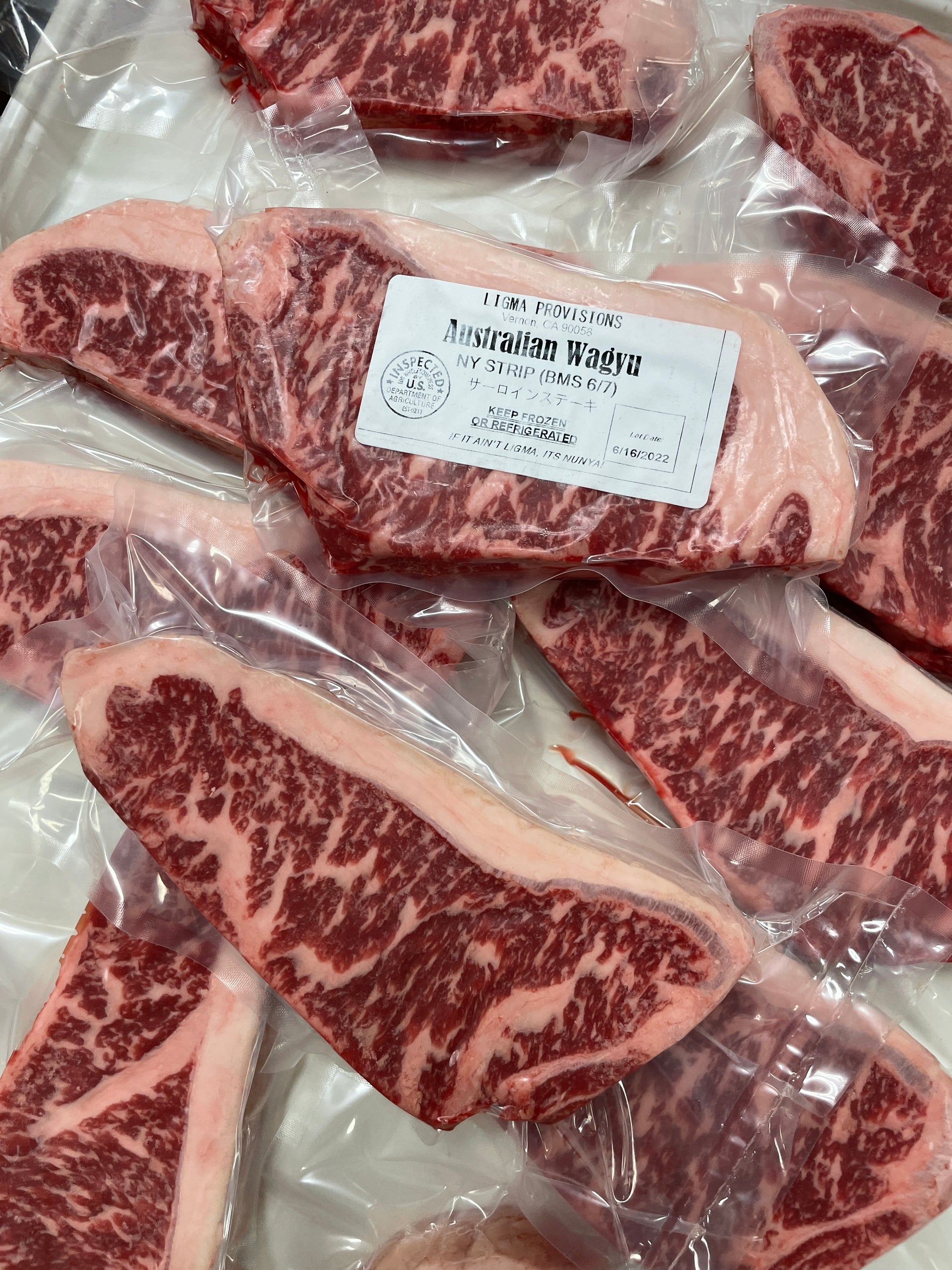 Australian Wagyu NY Strip Green — BMS 7/8 Australian Wagyu Green Label — vacuum-sealed package